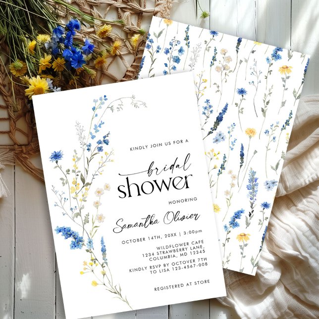 Dusty Blue Yellow Dainty Floral Boho Bridal Shower Invitation (Creator Uploaded)