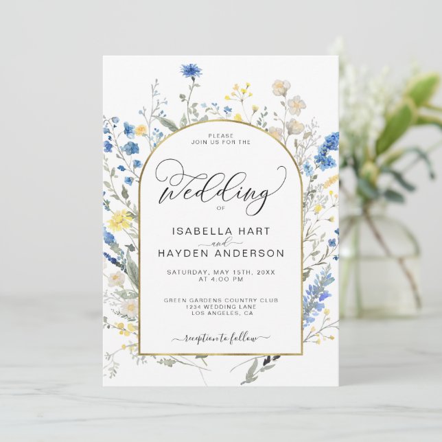 Dusty Blue Yellow Dainty Floral Botanical Wedding  Invitation (Standing Front)