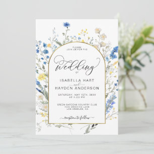 Dusty Blue Yellow Dainty Floral Botanical Wedding Invitation