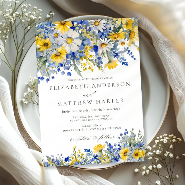 Dusty Blue Yellow Daisy Wildflowers Boho Wedding Invitation (Creator Uploaded)