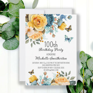 Dusty Blue Yellow Floral Butterflies Birthday Invitation
