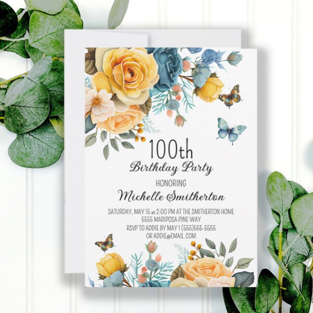 Dusty Blue Yellow Floral Butterflies Birthday Invitation (Creator Uploaded)