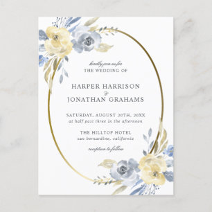 Dusty Blue & Yellow Floral Oval Elegant Wedding Invitation Postcard