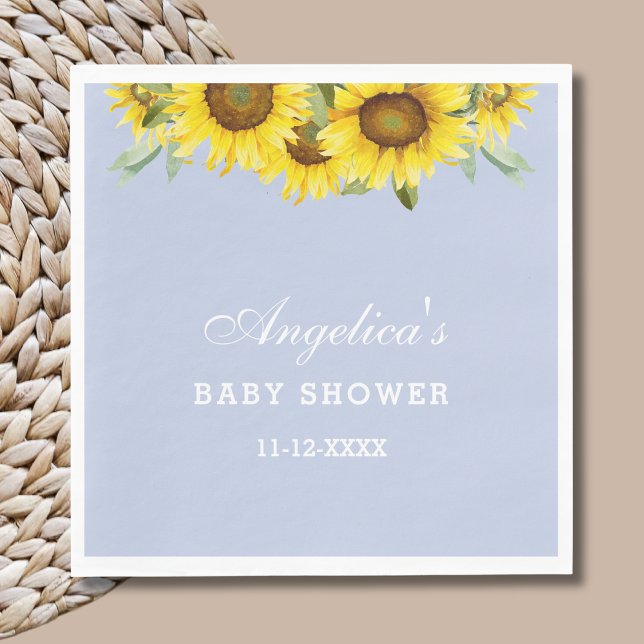 Dusty Blue Yellow Floral Sunflower Baby Shower Napkin (Creator Uploaded)