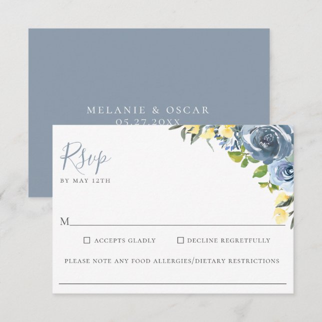 Dusty Blue Yellow Floral Wedding Food Allergy RSVP (Front/Back)