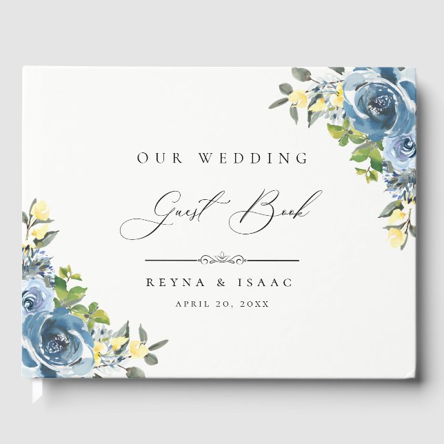 Dusty Blue Yellow Floral Wedding Guest Book (Front)