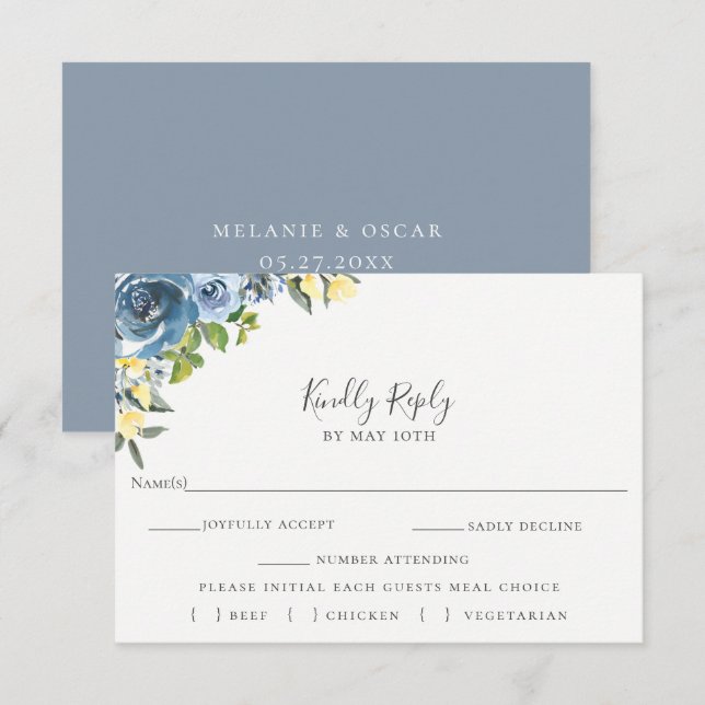 Dusty Blue Yellow Floral Wedding RSVP Meal Choice (Front/Back)