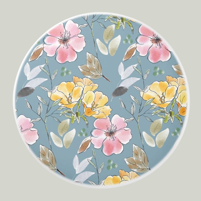 Dusty Blue Yellow Flowers Pink Floral Pattern Ceramic Knob (Creator Uploaded)