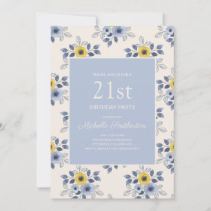 Dusty Blue Yellow Flowers White 21st Birthday Invitation