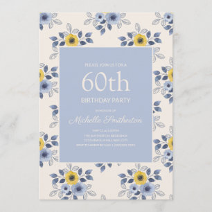 Dusty Blue Yellow Flowers White 60th Birthday Invitation