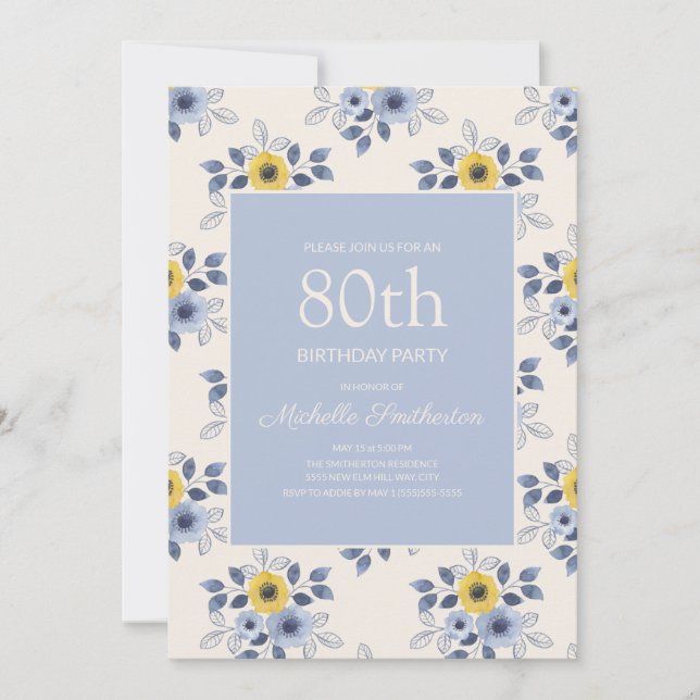 Dusty Blue Yellow Flowers White 80th Birthday Invitation (Front)