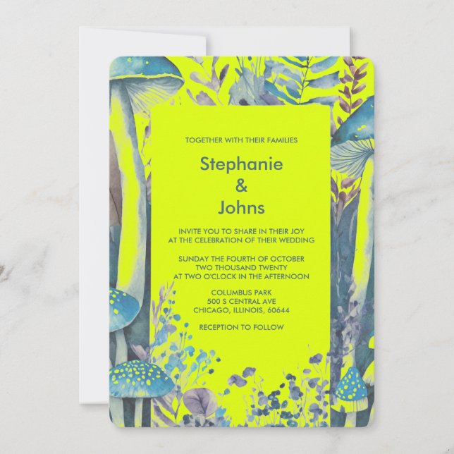 Dusty Blue Yellow Green Woodlands Mushroom Wedding Invitation (Front)