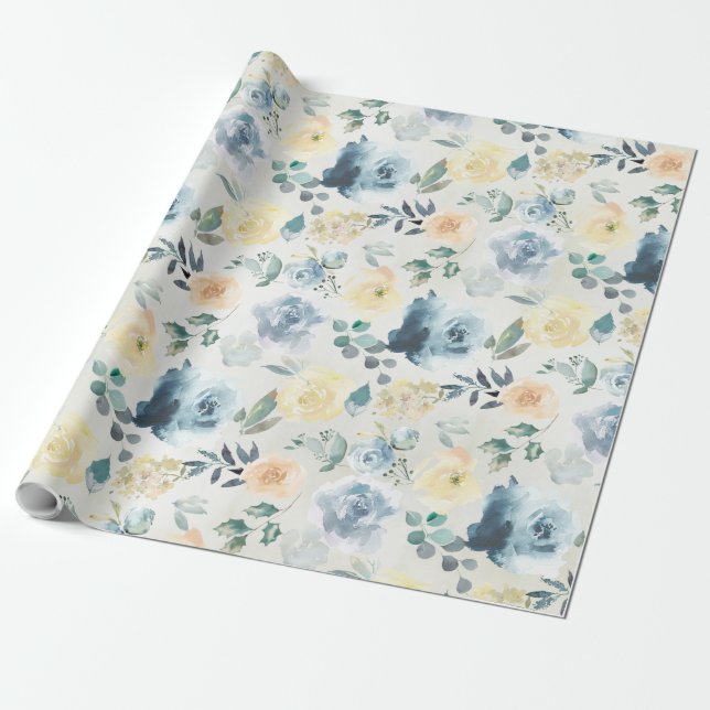 Dusty Blue & Yellow Peony Eucalyptus Floral Garden Wrapping Paper (Unrolled)