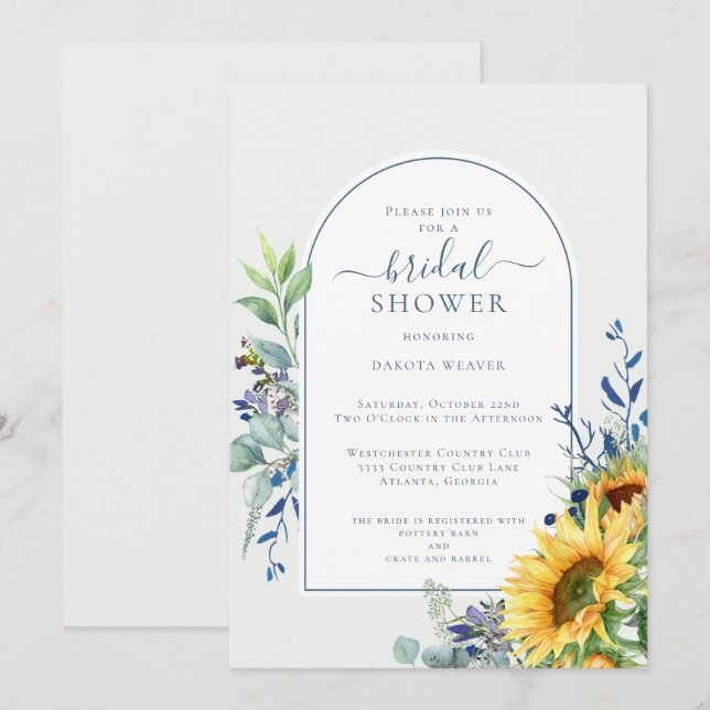 Dusty Blue Yellow Sunflower Bridal Shower Invitation (Front/Back)