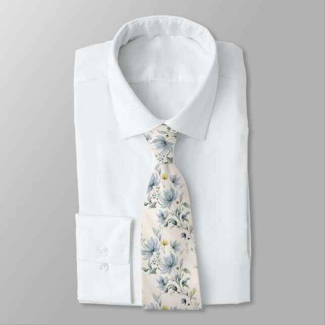 Dusty Blue Yellow Watercolor Floral Wedding Groom Tie (Tied)