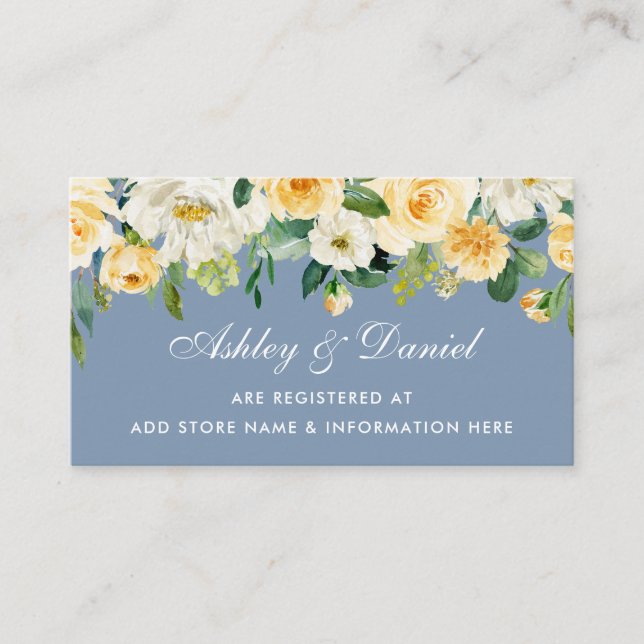 Dusty Blue Yellow White Floral Wedding Registry Enclosure Card (Front)