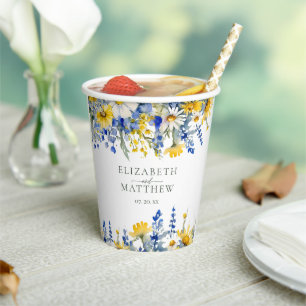 Dusty Blue Yellow Wildflowers Floral Boho Wedding Paper Cups