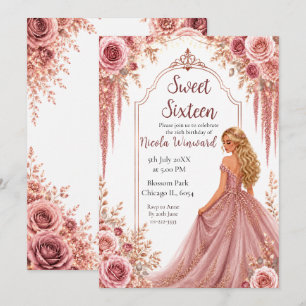 Dusty Blush Pink and Gold Floral Sweet Sixteen Invitation