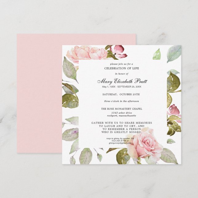 Dusty Blush Pink Floral Celebration of Life Invita Invitation (Front/Back)