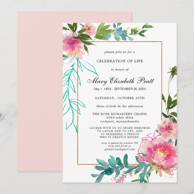 Dusty Blush Pink Floral Celebration of Life Invita Invitation (Front/Back)