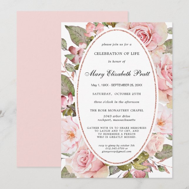 Dusty Blush Pink Floral Celebration of Life Invita Invitation (Front/Back)