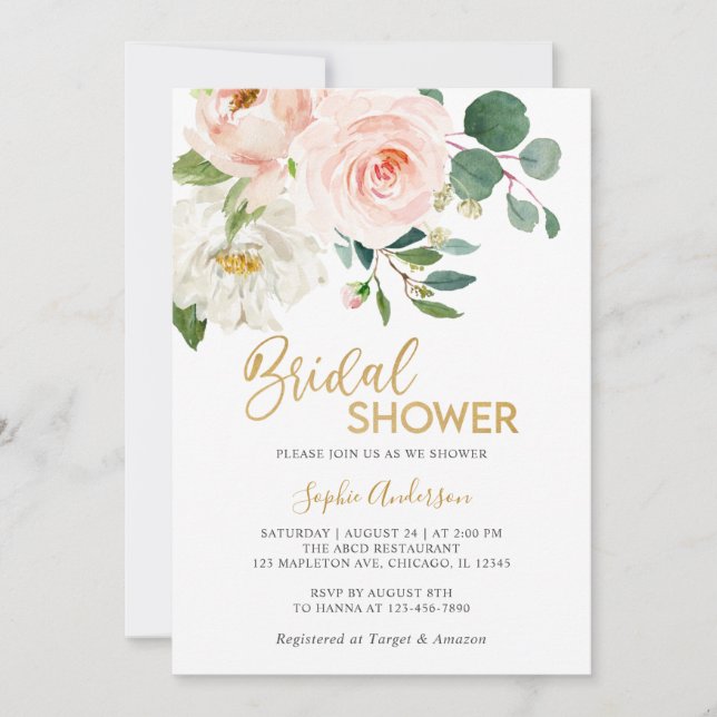 Dusty Blush Pink Gold Floral Bridal Shower Invitation (Front)