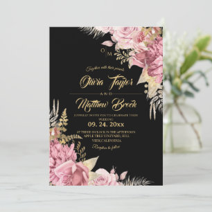 Dusty Blush Rose and Gold Floral Dark Wedding Invitation