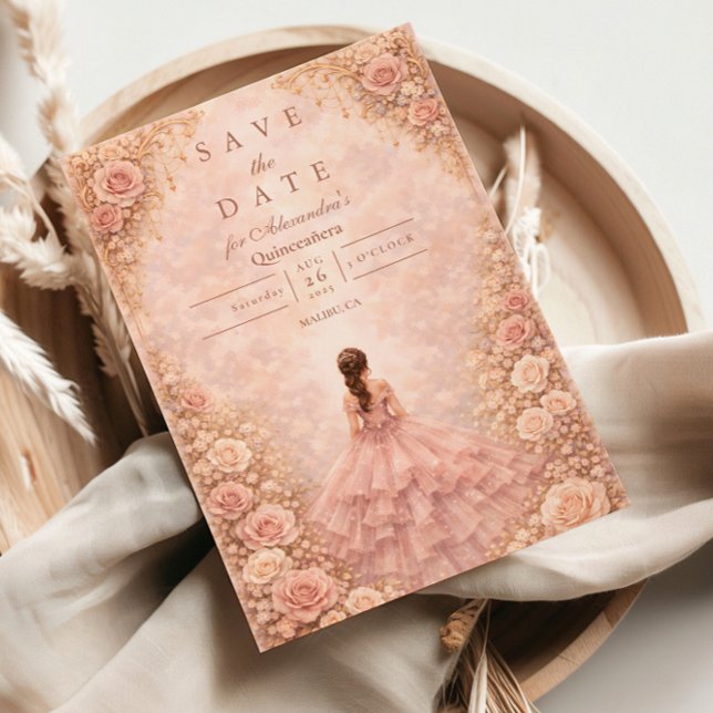 Dusty Blush Rose Garden Quinceañera Save The Date (Creator Uploaded)