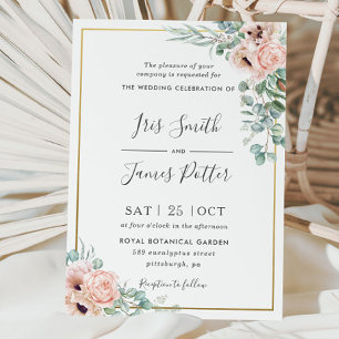 Dusty Blush Rose Poppy Floral Greenery Wedding  Invitation