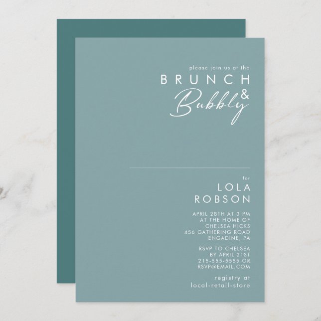 Dusty Boho Blue & Green Brunch and Bubbly Shower Invitation (Front/Back)