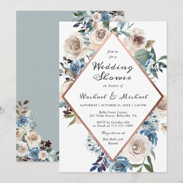Dusty Boho Floral Rose Gold Wedding Couples Shower Invitation (Front/Back)