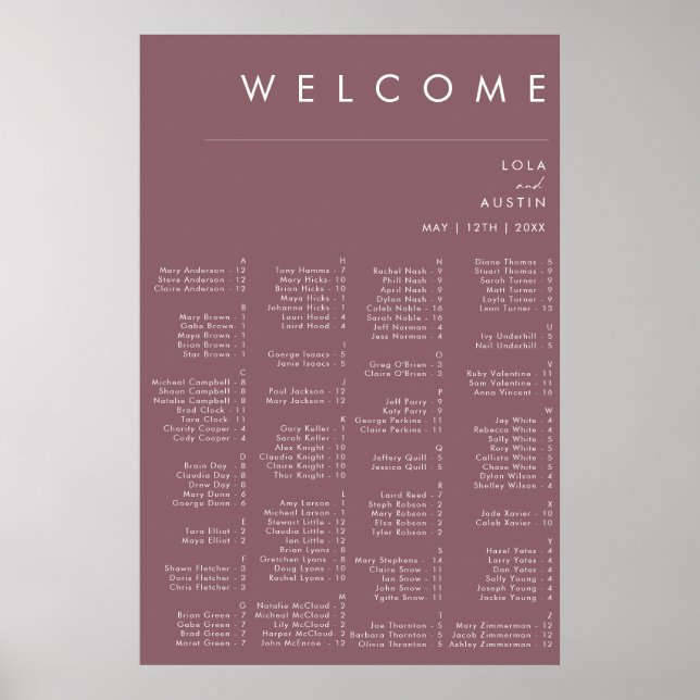 Dusty Boho | Purple Alphabetical Seating Chart  (Front)