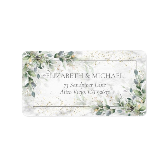 Dusty Botanical Greenery Gold Marble Address Label (Front)