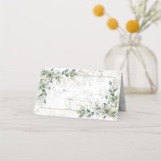 Dusty Botanical Greenery Gold Marble Place Card (Front)