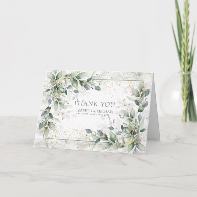 Dusty Botanical Greenery Gold Marble Thank You Card (Front)