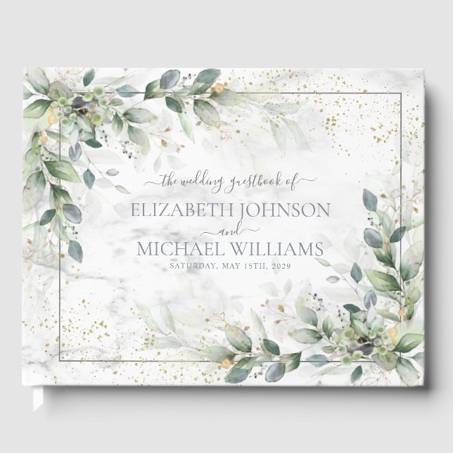 Dusty Botanical Greenery Gold Marble Wedding Guest Book (Front)