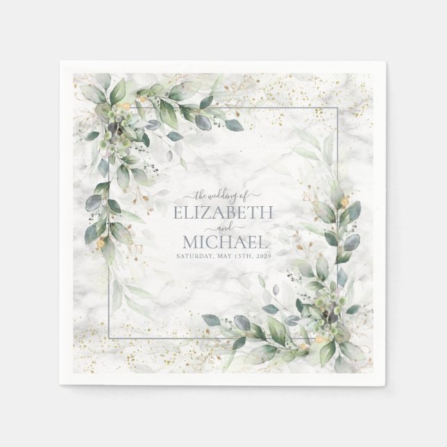 Dusty Botanical Greenery Gold Marble Wedding Napkin (Front)