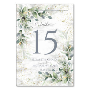 Dusty Botanical Greenery Gold Marble Wedding Table Number