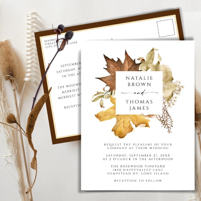 Dusty Brown Autumn Leaves Fall In Love Wedding Invitation Postcard (Creator Uploaded)