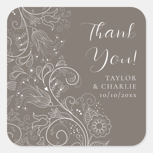 Dusty Brown Elegant Floral Wedding Thank You Square Sticker (Front)