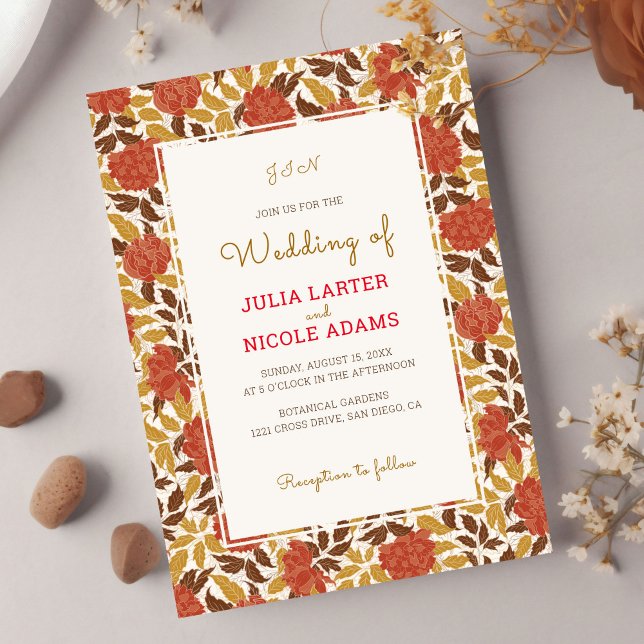 Dusty Brunt Orange Peony Flower Fall Photo Wedding Invitation (Creator Uploaded)