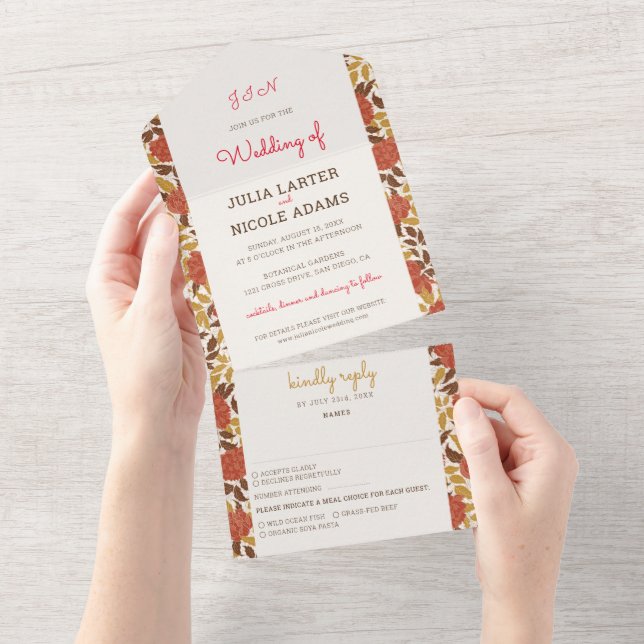 Dusty Brunt Orange Peony Flowers Fall Wedding All In One Invitation (Tearaway)