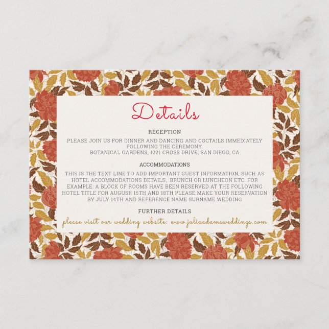 Dusty Brunt Orange Peony Flowers Fall Wedding Enclosure Card (Front)