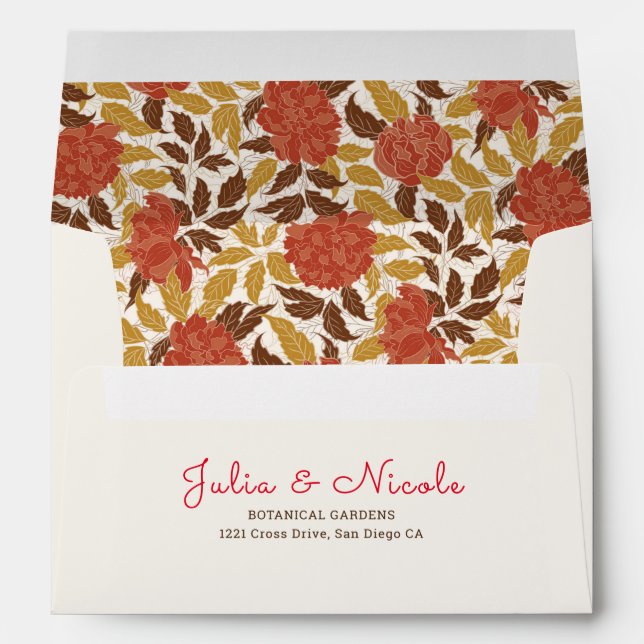 Dusty Brunt Orange Peony Flowers Fall Wedding Envelope (Back (Bottom))