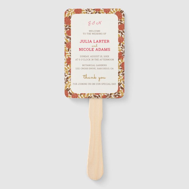 Dusty Brunt Orange Peony Flowers Fall Wedding Hand Fan (Front)