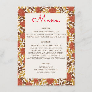 Dusty Brunt Orange Peony Flowers Fall Wedding Menu