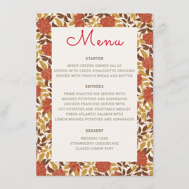 Dusty Brunt Orange Peony Flowers Fall Wedding Menu (Front)