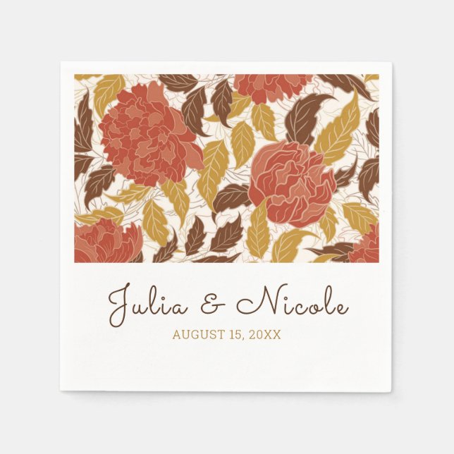 Dusty Brunt Orange Peony Flowers Fall Wedding Napkin (Front)