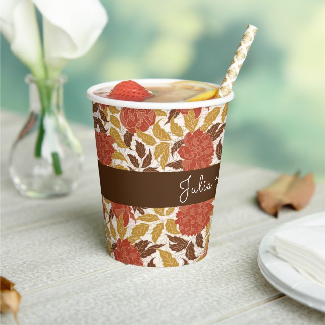 Dusty Brunt Orange Peony Flowers Fall Wedding Paper Cups (Insitu)