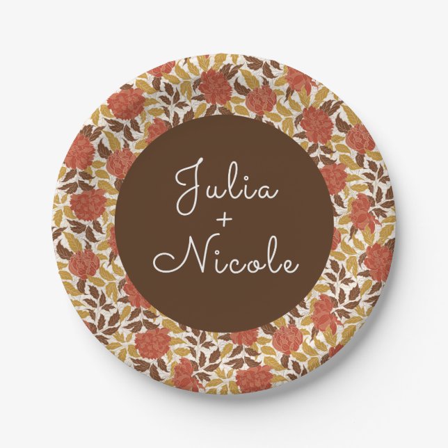 Dusty Brunt Orange Peony Flowers Fall Wedding Paper Plate (Front)